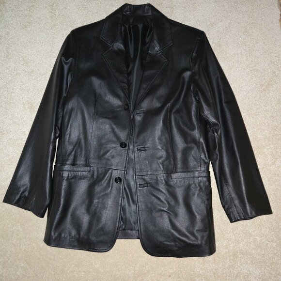 Vera Pelle Men's Black Leather 3 Button Blazer Size 46‎ Excellent Used Condition - Picture 1 of 9